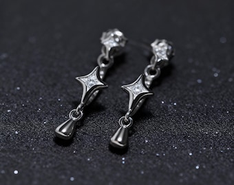 Gothic Star Ear Cuff, 925 Sterling Silver Moonlight Tear Dangle, Witchy Celestial U-Shape Studs