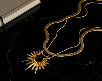 Unisex Spike Sun Layered Halskette, Punk Gothic Statement Anhänger, Gold & Silber Passende Paar Halskette, Minimalistischer himmlischer Schmuck