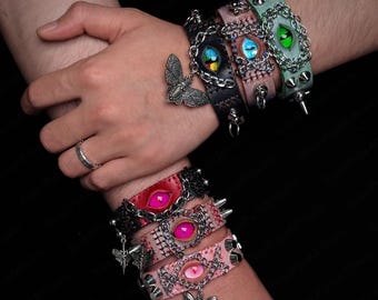 Punk Leather Cuff Bracelet Collection | Multiple Styles Evil&dragon Eye | Handmade Goth Rivet Chain Spike Wristband | Unique Statement Piece