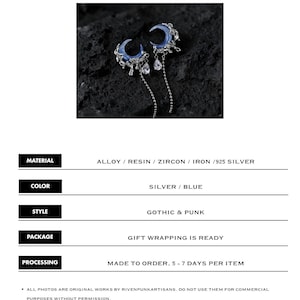 May include: Silver and blue earrings with a crescent moon design. The earrings feature dangling chains and clear crystal accents. The product details include the material, color, style, package, and processing information.
