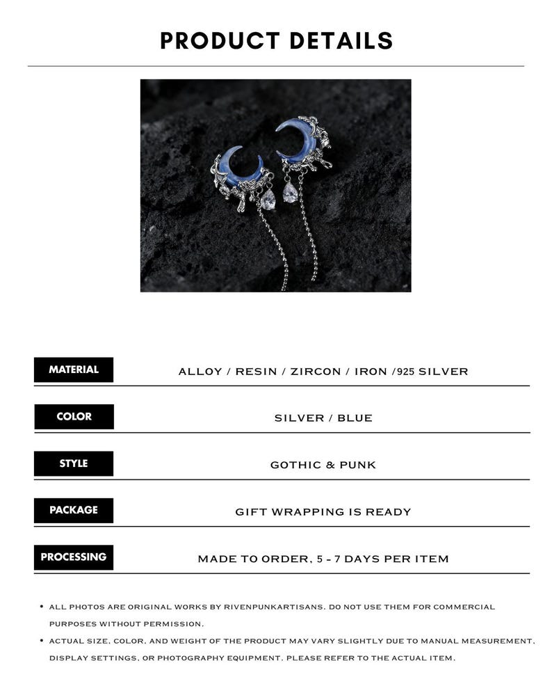 May include: Silver and blue earrings with a crescent moon design. The earrings feature dangling chains and clear crystal accents. The product details include the material, color, style, package, and processing information.