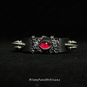Black Leather Spike & Chain Cuff, Red Dragon Eye Bracelet, Handmade Punk Goth Wristband, Classic Heavy Metal Jewelry, Rock Dark Aesthetic