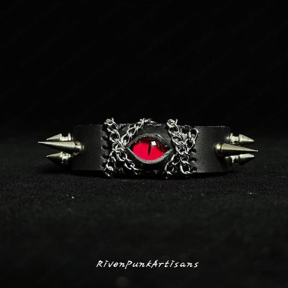 Black Leather Spike Cuff Bracelet: Red Dragon Eye Goth Punk Jewelry
