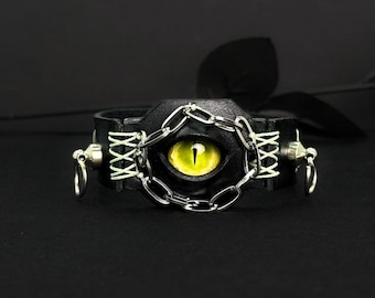 Handmade Black Punk Leather Cuff Vertical Pupil Reptile Eye, Green Stitch Goth Bracelet, Dark Fantasy Wristband, Gift for Boyfriend