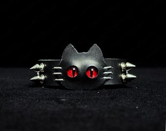 Spiked Cat Eye Leather Bracelet: Goth Punk Kitty Cuff
