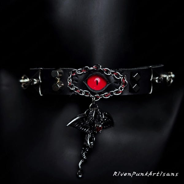 Dragon Eye Leather Choker: Punk Goth Studded Collar, RivenPunkArtisans Handmade