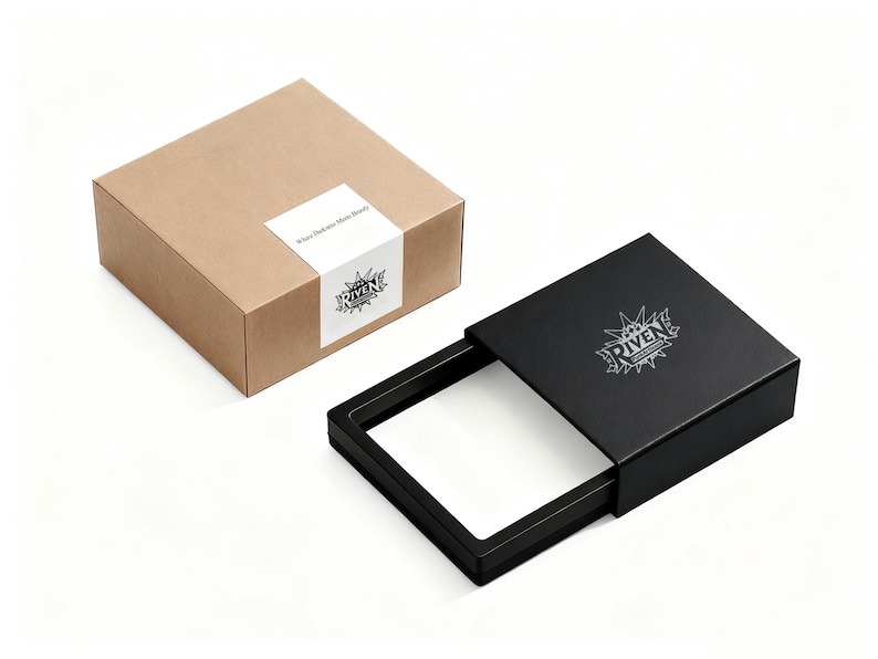 May include: A brown cardboard box with a white label and a black box with a sliding tray. The label on the brown box reads "Where Delicate Minds Bloom". The black box has a logo that says "RIVEN".