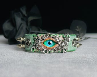 Handmade Green Eye Punk Bracelet – Gothic Spiked Leather Cuff, Alternative Cyber Goth Jewelry, Dark Fantasy Bracelet, Metalcore Wristband