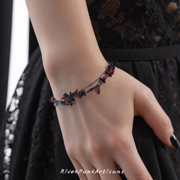 Gothic Black&Red Raven Adjustable Bracelet: Dark Layered Design