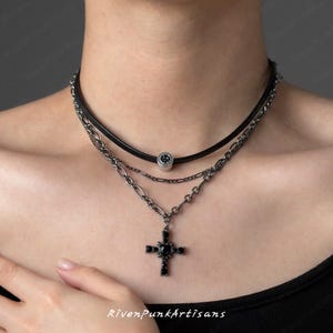 Goth Layered Choker: Black Rhinestone Cross, Faux Leather & Chain
