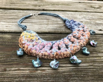 Crocheted, Beaded, Statement, Shell, Necklace in Pastels, Blue, Pink, Yellow, Peach, Adjustable, 20" to 23”