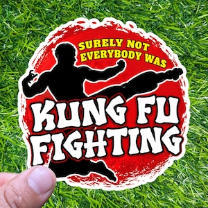 May include: A circular sticker with a red and white design. It features a black silhouette of a martial artist kicking. The text reads "Surely Not Everybody Was" and "Kung Fu Fighting".