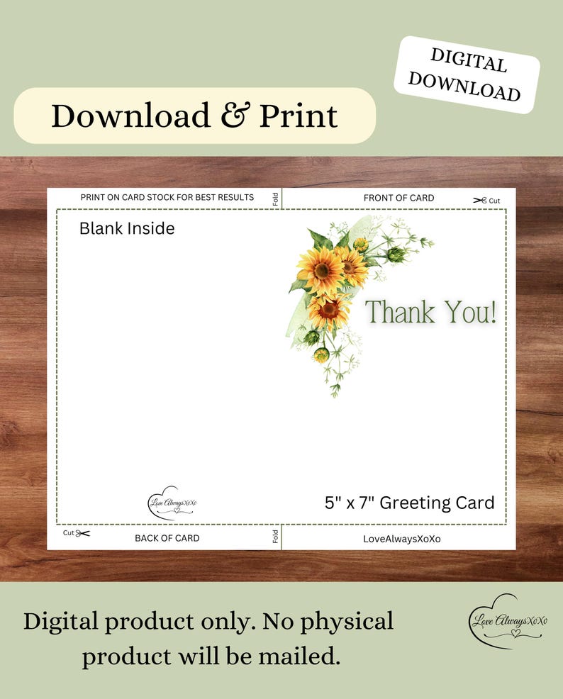 Sunflower Thank You Card: Printable Blank Greeting Card (digital ...