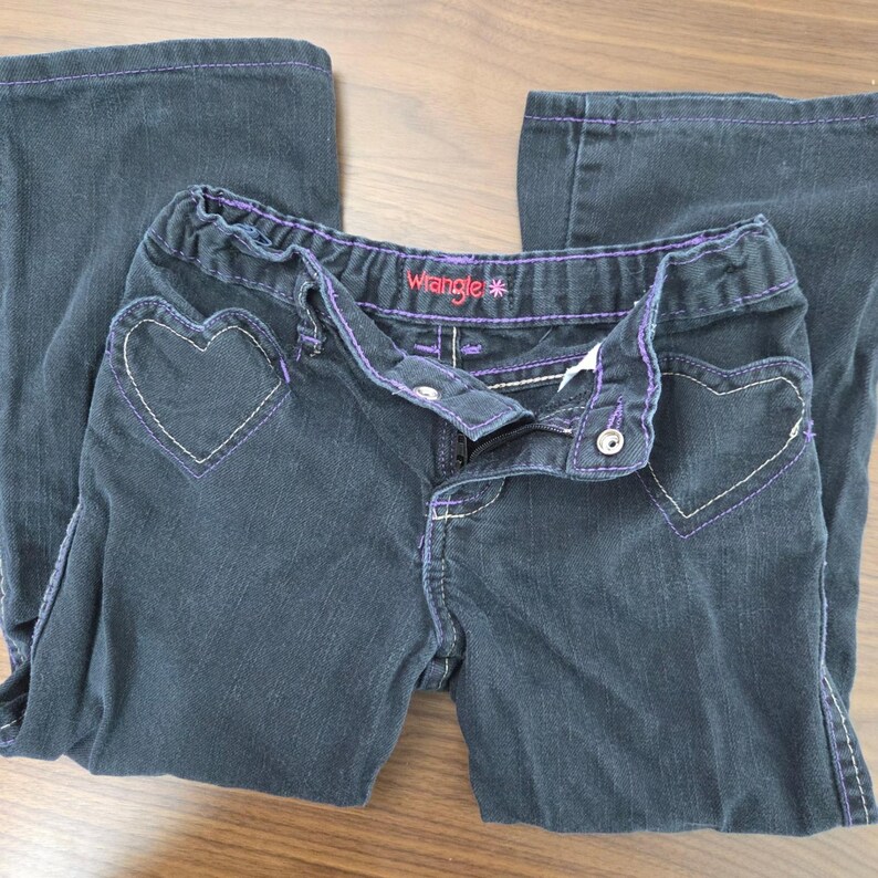 VTG Y2K Wrangler Girls 5T Bootcut Jeans Heart Pockets Dark Wash Denim image 4