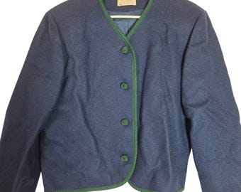 Jaqueta vintage Pendleton 100% lã virgem, azul com detalhes em verde, fabricada nos EUA, feminina.