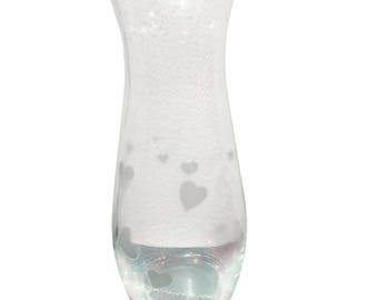 Vintage small flower vase clear glass with etched hearts