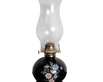 Vintage Hurricane Oil Lamp Black Glass Floral Table Lamp Brass Burner