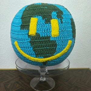 Urban Outfitters Crochet Knit Globe Pillow Smiley Earth Dorm Decor image 2
