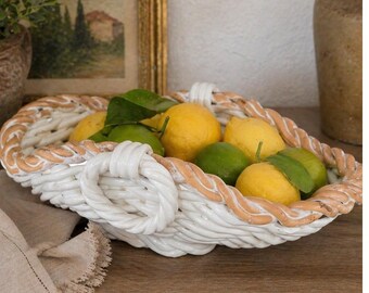 Cerámica Castellan Italia, cuenco de cesta de cerámica, centro de mesa de cuerda trenzada