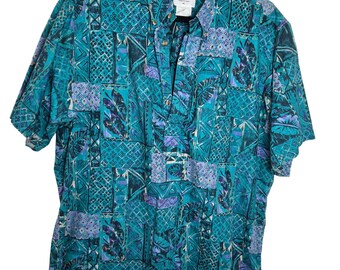 Camisa de campamento vintage Hilo Hattie Made in Hawaii, patchwork geométrico tropical, talla XL