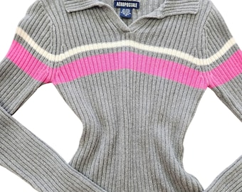 Maglione a coste Y2k con colletto grigio e rosa Aeropostale XS