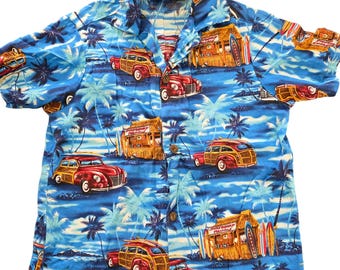Camisa hawaiana vintage para niños, talla 8, hecha en Hawái, Surf Woody Wagon Camp Aloha