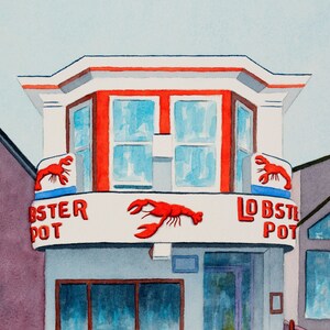 May include: A watercolour painting of a red and white building with a sign that says "Lobster Pot". There are two red lobsters on the sign, one on each side of the word "Lobster". The building has a large window with blue panes and a door with a glass panel. The building is set against a light blue sky.