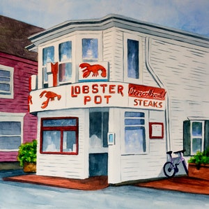 May include: A watercolour painting of a white building with a red sign that says "Lobster Pot" and "Charcoal Steaks". There is a red lobster illustration on the sign. The building has a red door and windows. There is a bicycle parked in front of the building.
