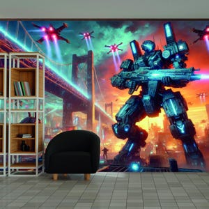 Futuristic Peel and Stick Wall Mural Cyberpunk Robot in Neon City wallpaper Gaming Room Decor Sci-Fi Wall Mural Kids Traditional Wallpaper