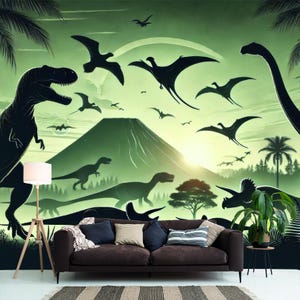 Dinosaur World Wall Mural Prehistoric Wallpaper Dino Silhouette Mural Kids Room Decor Boys Bedroom Wall Art Nature Traditional Wallpaper