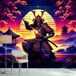 Japanese Warrior Neon Peel and Stick Wall Mural Samurai wallpaper Gaming Room Wall Art Urban wallpaper color wall decal Modern wallpaper