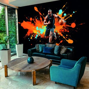Dynamic Sports Traditional Wallpaper Colorful Splash wall Art Teen Boy Room Decor Athletic Wall Art basketball wallpaper Game Room Mural