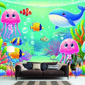 Skurrile Wandbild Cartoon Sea Life Traditionelle Tapete Bunte Unterwasservlies-Tapete Kinderwandbild Spielzimmer-Wanddekor