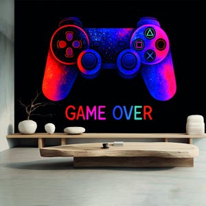 Game Over Wall Mural Neon Gaming Wallpaper Removable Peel and Stick Gaming Room Decor Kids wallpaper Modern wall mural Controller wallpaper