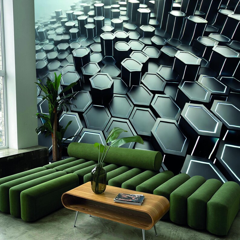 3D Hexagon Peel and Stick Wall Mural Futuristic Traditional Wallpaper ...