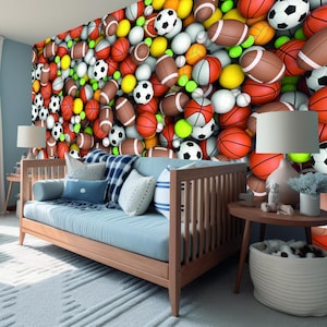 Sport Ball Wall Decal Peel and Stick Teen Playroom Decor Soccer Basketball Football Baseball Volleyball Tennis Cool Wallpaper for Boys
