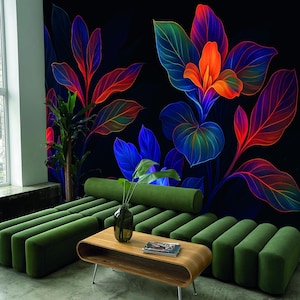 Neon Tropical Leaves Wallpaper Colorful Plant Wall Mural Nature wallpaper Removable Peel and Stick wall mural Vibrant non woven wallpaper