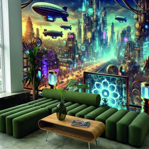 Steampunk Cityscape Peel and Stick Wall Mural Cyberpunk Neon Fantasy Art Futuristic Airship Wallpaper Gaming Room Decor Urban wallpaper