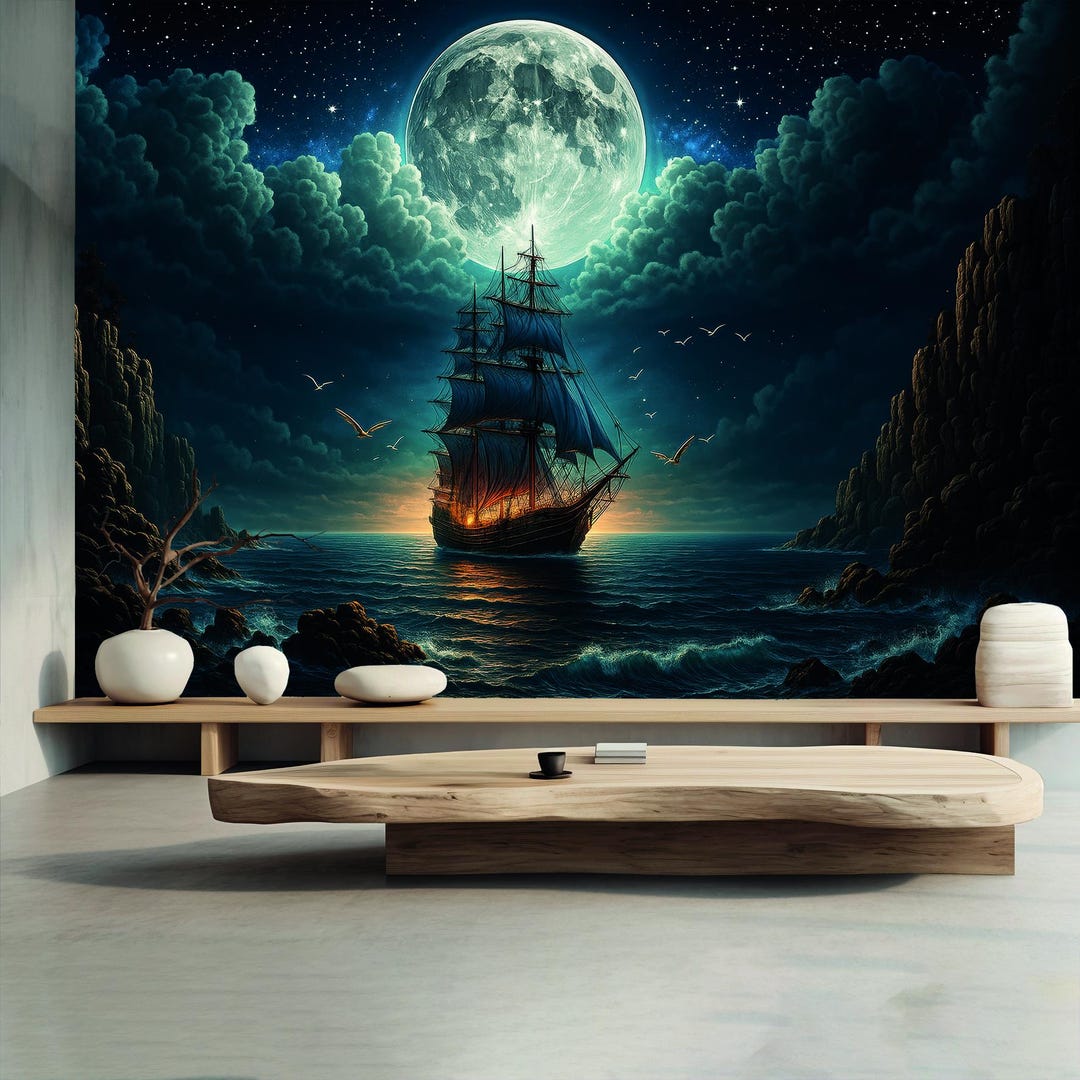 Sailing Ship Moon Wallpaper Mystical Ocean Night Scene Pirate Ship ...