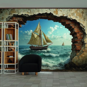 Ocean Window Wall Mural Vintage Sailing Ship View Peel and Stick Wallpaper Nautical Broken Wall Effect Room Wall Decor Ocean wall Mural