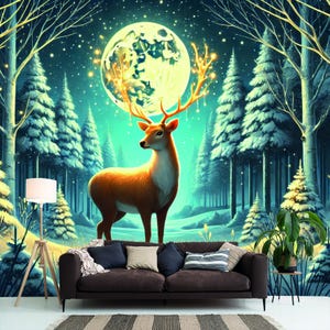 Carta da parati murale con cervo incantato, carta da parati magica della foresta invernale, carta da parati con natura mistica, decorazione fantasy del bosco, carta da parati per bambini, murale con luna