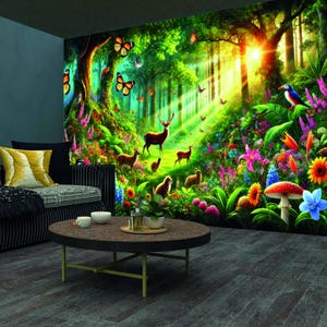 Carta da parati con radura della foresta magica da favola, stacca e attacca, decorazione per la sala giochi degli animali, bellissime farfalle e fiori, decorazione murale per la camera da letto, regalo adesivo