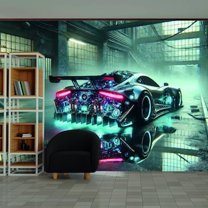 Cyberpunk Supercar Peel and Stick Wall Mural Futuristic Neon Racing Car Wallpaper Gaming Room Decor sports car wallpaper kids wall mural