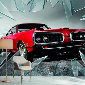 Colorful wallpaper Featuring an Iconic Car Retro Car Peel and Stick Wall Mural Boys Room wall decor Kids wallpaper Modern Wallpaper Print