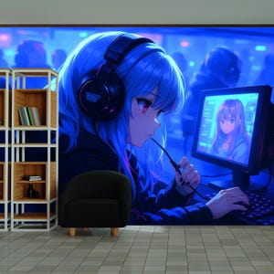 Anime Gamer Girl Wall Mural Blue Neon Aesthetic Wallpaper Cyberpunk Gaming Room Decor Japanese Style Wall Art Kids Traditional Wallpaper