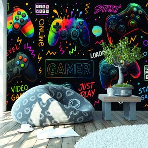 Gaming Wall Mural  Neon Gamer Wallpaper Video Game Room Decor Removable Peel and Stick Wall Art Teen Boys Bedroom Controller wallpaper