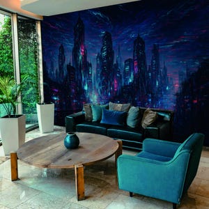Cyberpunk Cityscape Wall Mural: Peel and Stick Gaming Room Decor