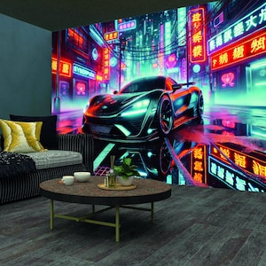 3D Sportwagen Vliestapete Cyberpunk Wandbild Neon City Wandtattoo Transport Tapete futuristisches Wandbild Spielzimmer Dekor
