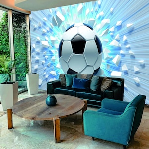 Dynamic Soccer Ball Wall Mural Blue Speed Lines Effect Peel and Stick Wallpaper Boys Sports Decor Football Breaking Wall Sport wall mural