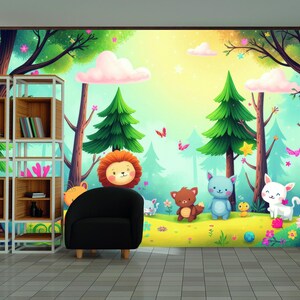 Waldtiere Kinderzimmer Wandbild Niedlicher Waldfreunde Tapete Kinder Schlafzimmer Wandkunst Bunte Karikatur Wandtattoo Moderne Tapete
